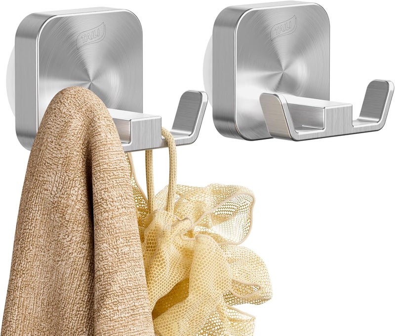Taili Patented Strong Suction Cup Hook, 304 Stainless Steel Bathroom Suction Cup Holder for Towel, Loofah, Bathrobe, Damage-Free Hanging Shower Wall Hook, Double-Hook Widening Design, 2 Pack, Silver - Image 1